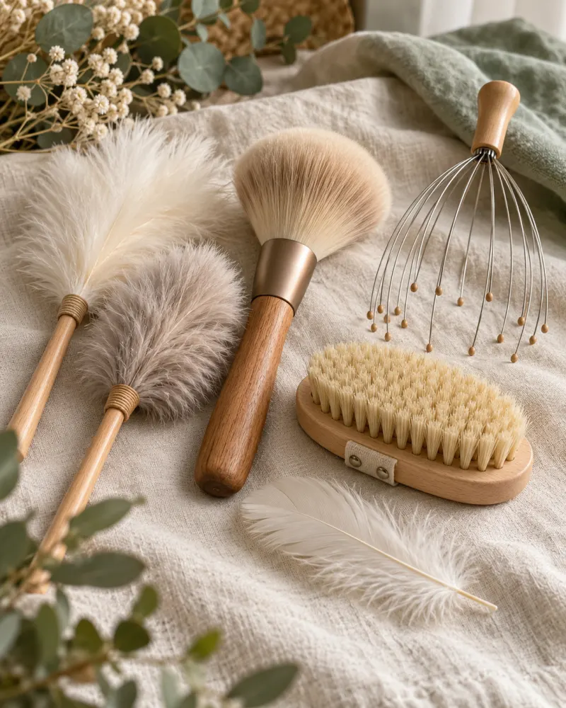 Plumes, pinceaux doux, brosse naturelle et accessoire de relaxation du cuir chevelu sur du lin
