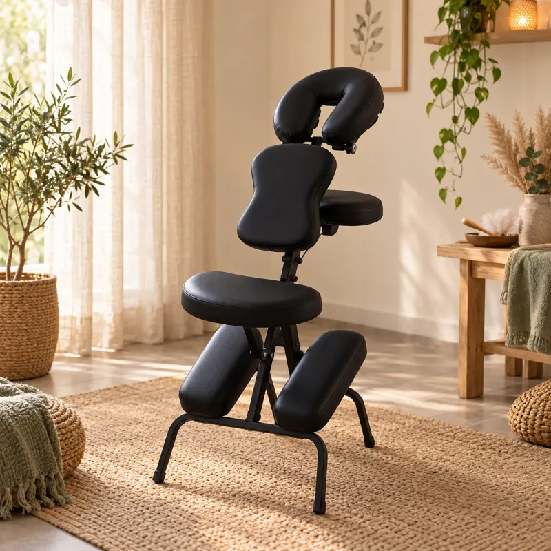 Visuel d’ambiance : chaise de massage assis avec appui-tête et supports pour les genoux