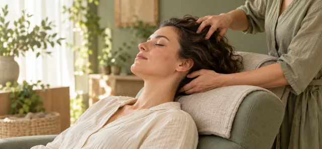 Une femme reçoit des gestes doux sur le cuir chevelu et la nuque dans un fauteuil de relaxation