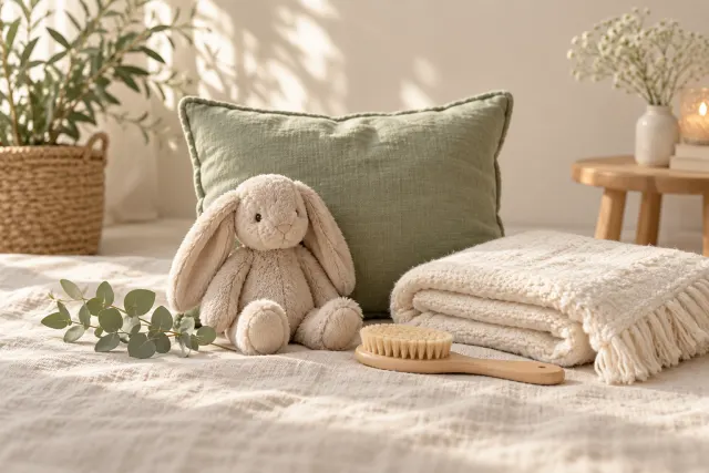 Doudou, coussin et couverture dans un cocon de détente pour enfants