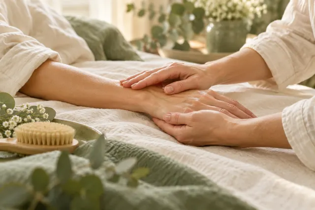 Gestes doux sur les mains et les avant-bras pour un soin personnalisé